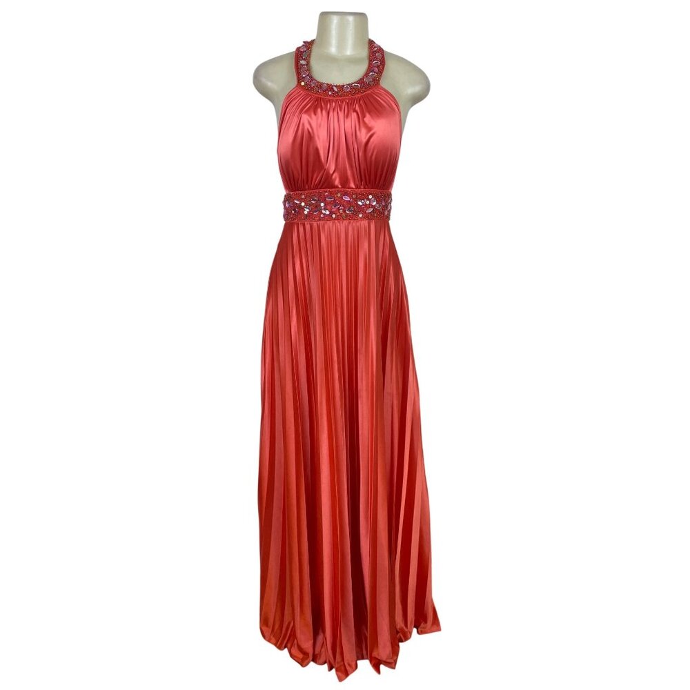 My Michelle Womens Red Satin Halter Evening Gown With Beaded Detailing Size XL